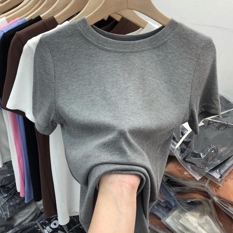 2025 Summer Women Slim Fit Short Sleeve Round Neck T-Shirt Versatile Solid Color Top