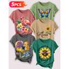 Follow a specific direction Five-piece set for women T T-shirt with vintage floral and bird print Elegant summer clothing Short-sleeved shirt for