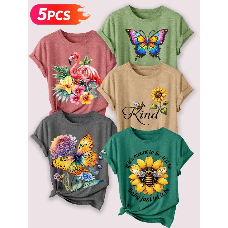 Follow a specific direction Five-piece set for women T T-shirt with vintage floral and bird print Elegant summer clothing Short-sleeved shirt for