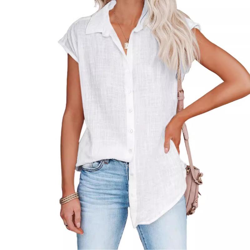 

women turn down collar linen blend shirt short sleeve button down casual blouse S белый