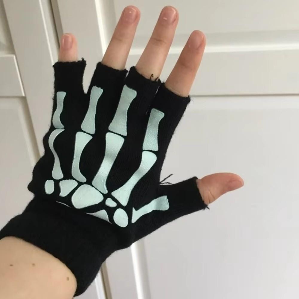 Stretch Punk Skeleton Gloves Black Skull Half Finger Gloves  Halloween Party