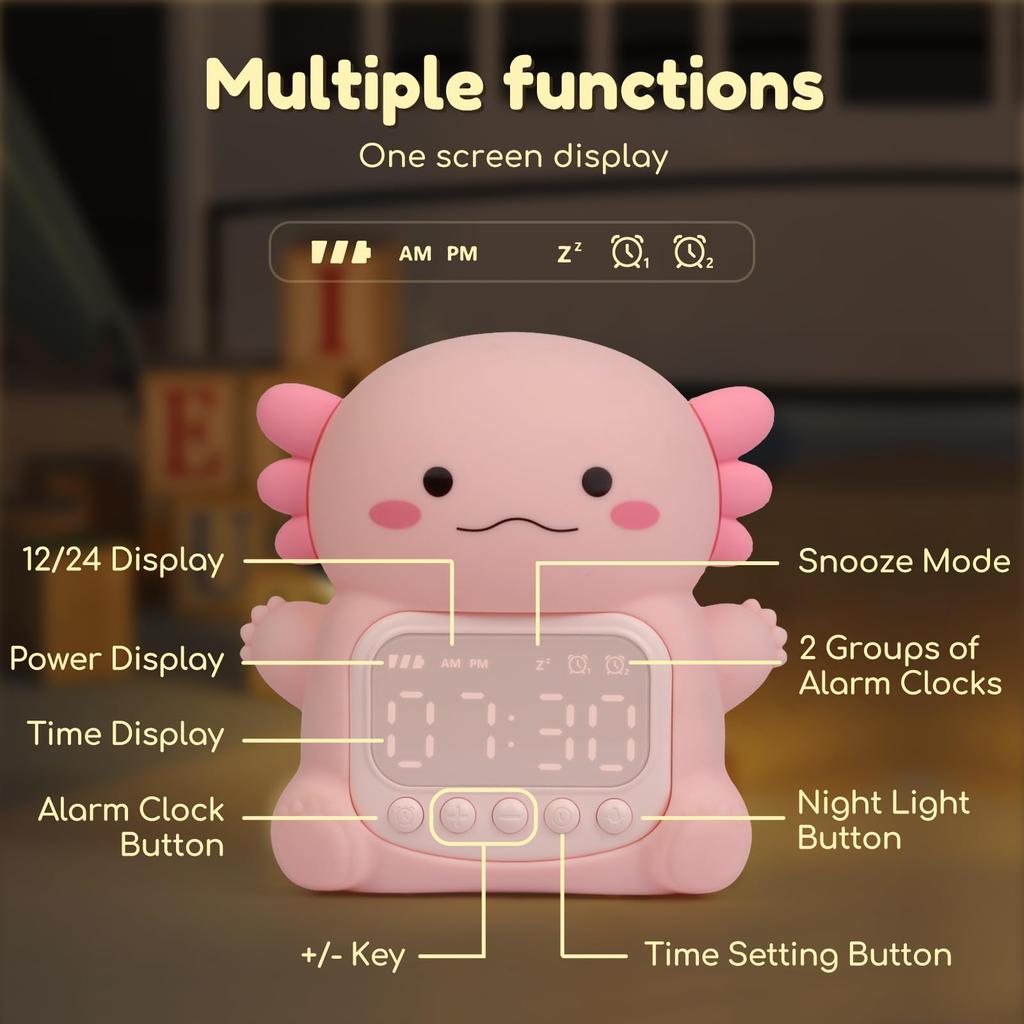 Axolotl Alarm Clock with Night Light for Kids Cute Bedroom Alarm Clock with RGB Lighting OK to Wake Clock Silicone Animal Tabletop Lamp For Teen Girls