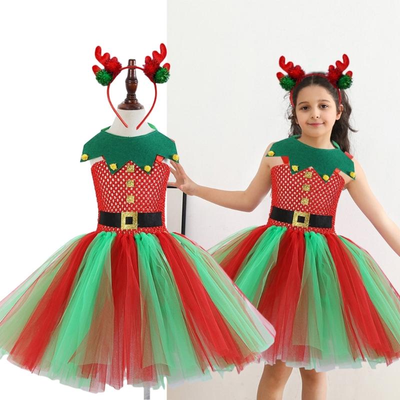 Girl Christmas Elf Dress up Costume with Dress Christmas Hat (Or Headband) Christmas Dwarf Outfit for Kid Girl Christmas