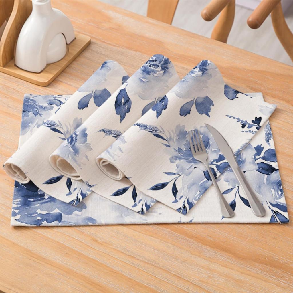 Blue Leaves Watercolor Placemats Set of 4, 12x18 Inch Spring Summer Leaves Table Place Mats for Kitchen Dining Home Party Decor