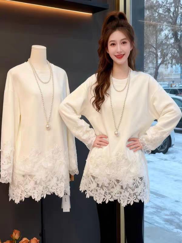 Plus-Size Women's Lace Spliced Mid-Length Sweatshirt: New Long-Sleeved Base Layer for Spring and Autumn, Belly-Covering Design