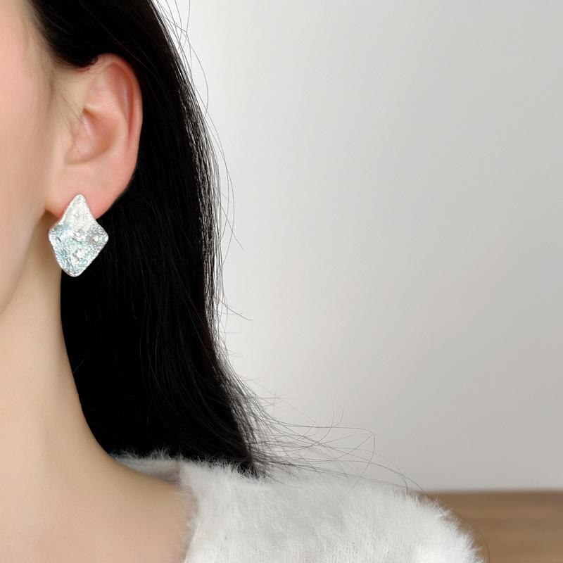 French Frosted Zircon Water Drop Rhombus Stud Earrings - Minimalist, High-End Fashion Jewelry for Women