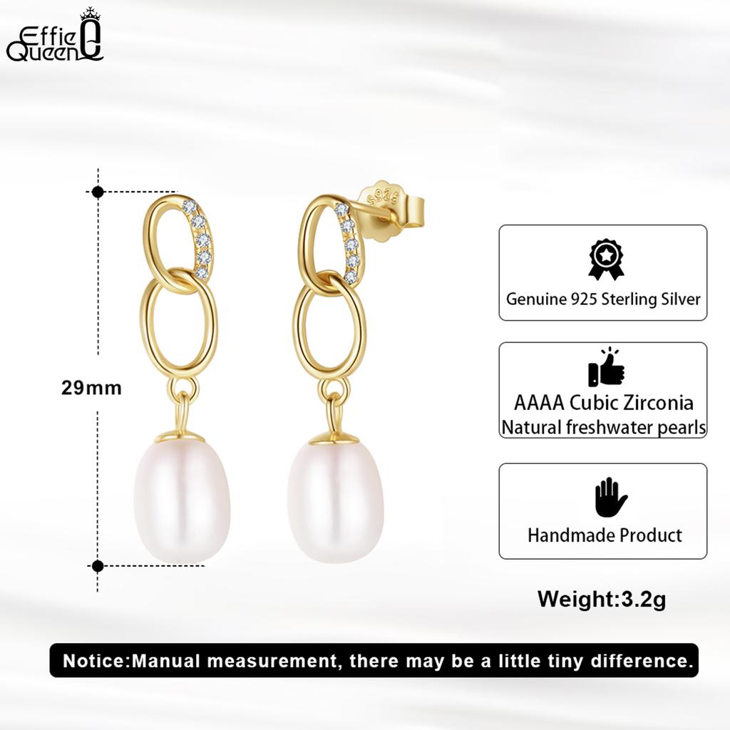 Effie Queen 925 Massiv Sterling Silber 14 Karat Gold Oval Perlen Hängeohrringe Mit Zirkonia Romantischer Schmuck für Damen Bankett GPE67