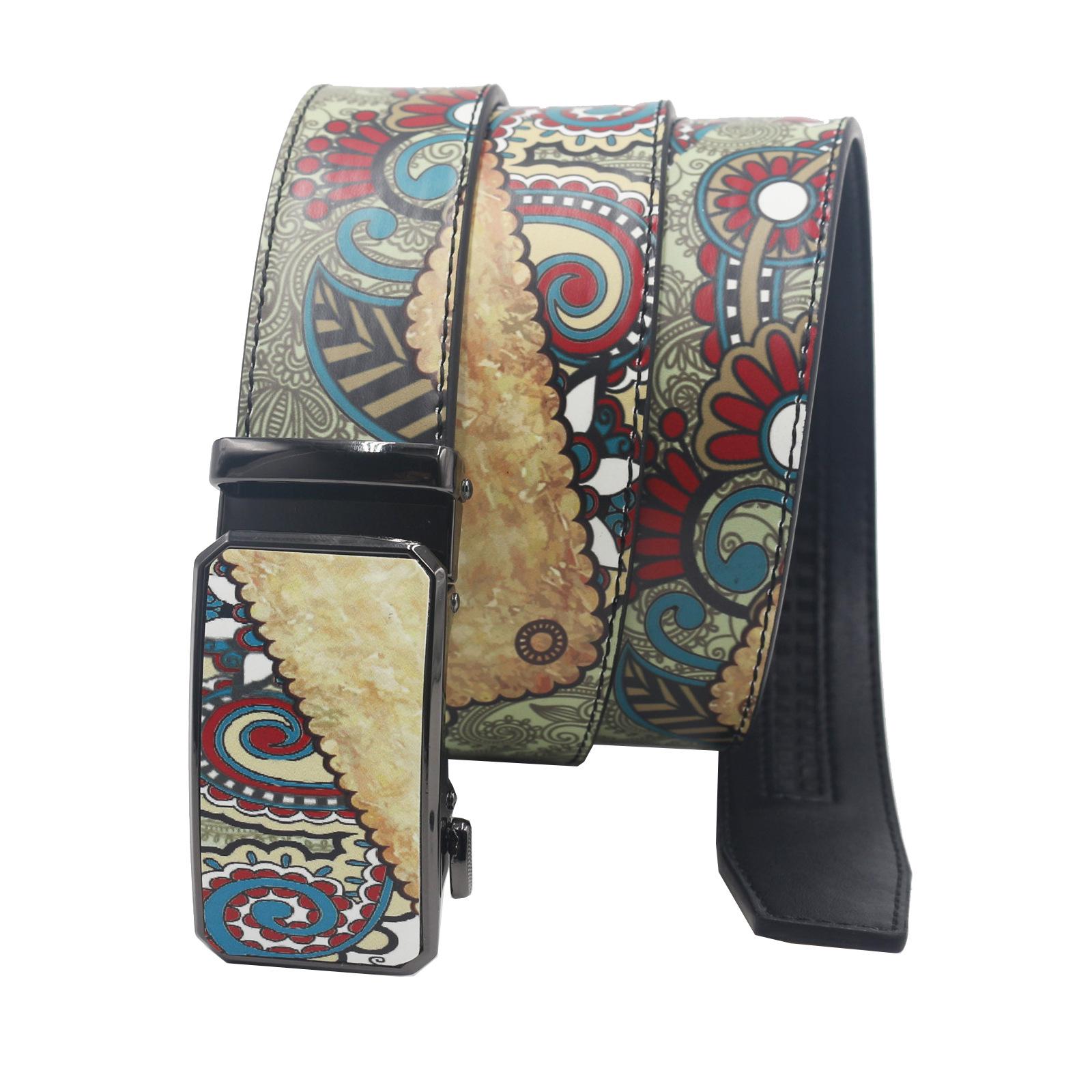 

Retro Ethnic Style Automatic Buckle Leather Belt with Graffiti Print 115 cm