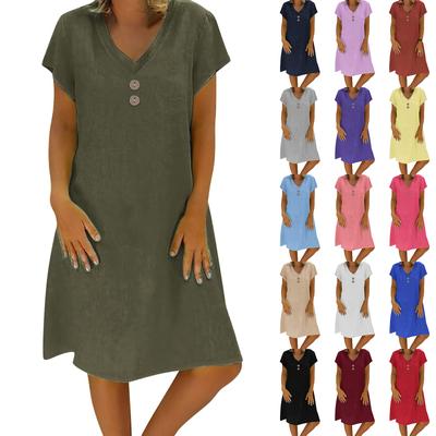 Women's Fashionable Retro V-Neck Short-Sleeve Casual Cotton-Linen Dress