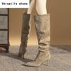 Vintage Pleated Women Knee High Boots Fashion Pointed Toe High Heels Shoes Autumn Winter Ladies Sexy Long Botas De Mujer