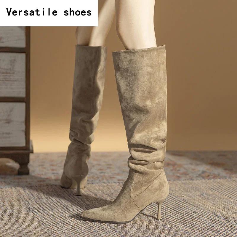 Vintage Pleated Women Knee High Boots Fashion Pointed Toe High Heels Shoes Autumn Winter Ladies Sexy Long Botas De Mujer