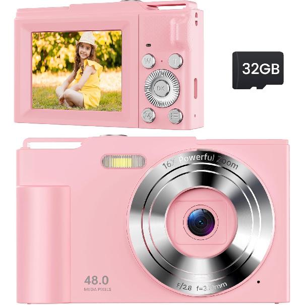 Pink Digital Camera for Kids & Teens - 16X Zoom, Compact, Ages 8-13 - Christmas & Birthday Gift for Girls