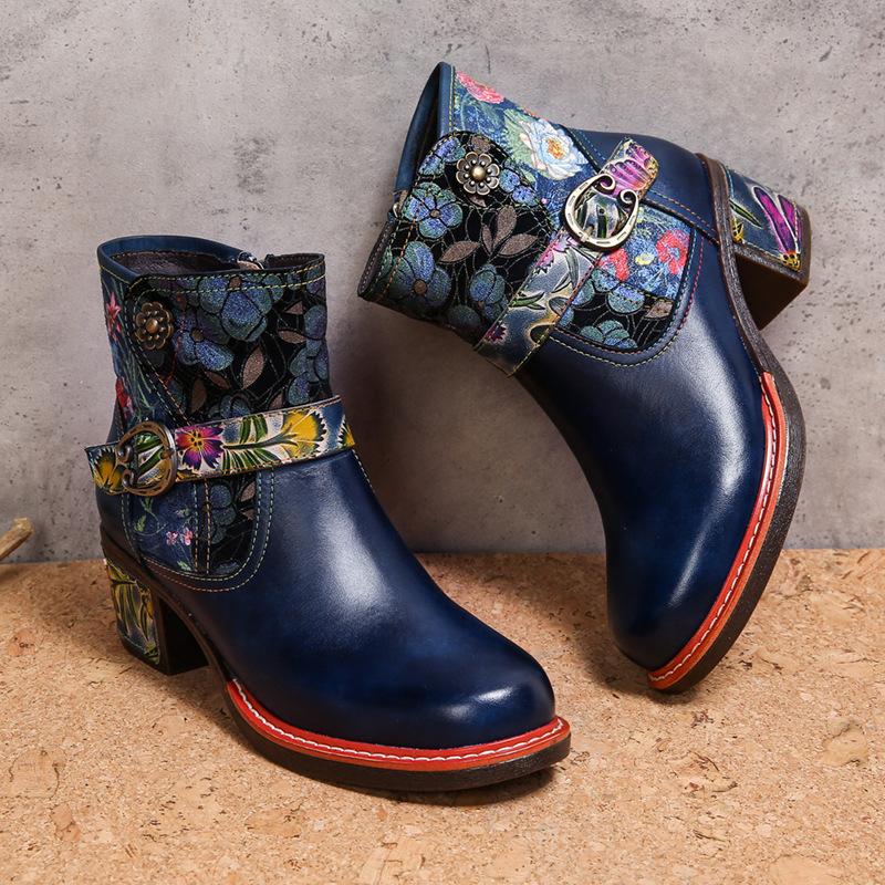 Johnature Vintage Floral High Heeled Women's Boots Genuine Leather Shoes Hand-painted Belt Buckle Fashion Short Boots