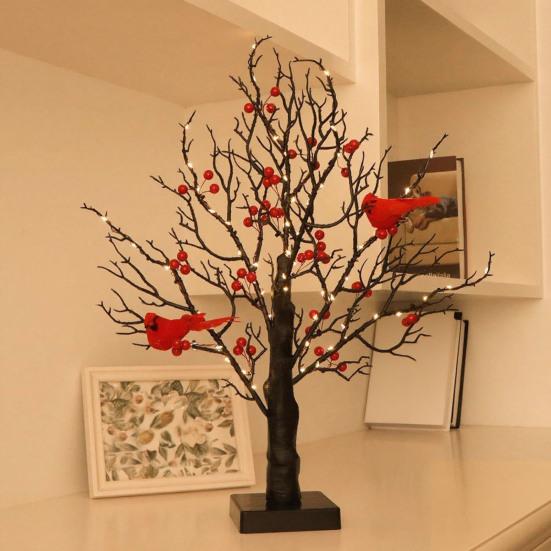 LED Vintage Glowing Tree with Cardinals Battery Operated Twinkle Trees Lamp with Lighted Branches Festive Holiday Party Lighting Halloween Christmas