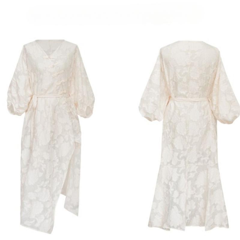 Neo-Chinese Style Jacquard and Frog Button Dress Set for Women Including a Long Waist-cinching Dress Temperament and a Cardigan Two-piece Set