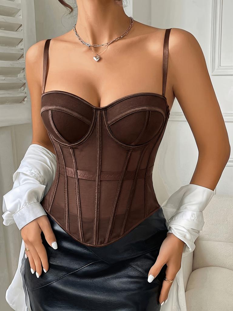 Women's Fashion Brown Mesh Panel Off-Shoulder Strapless Top, Sexy Backless Multi-Row Button Bodysuit,Fishbone Cup Corset Bustier