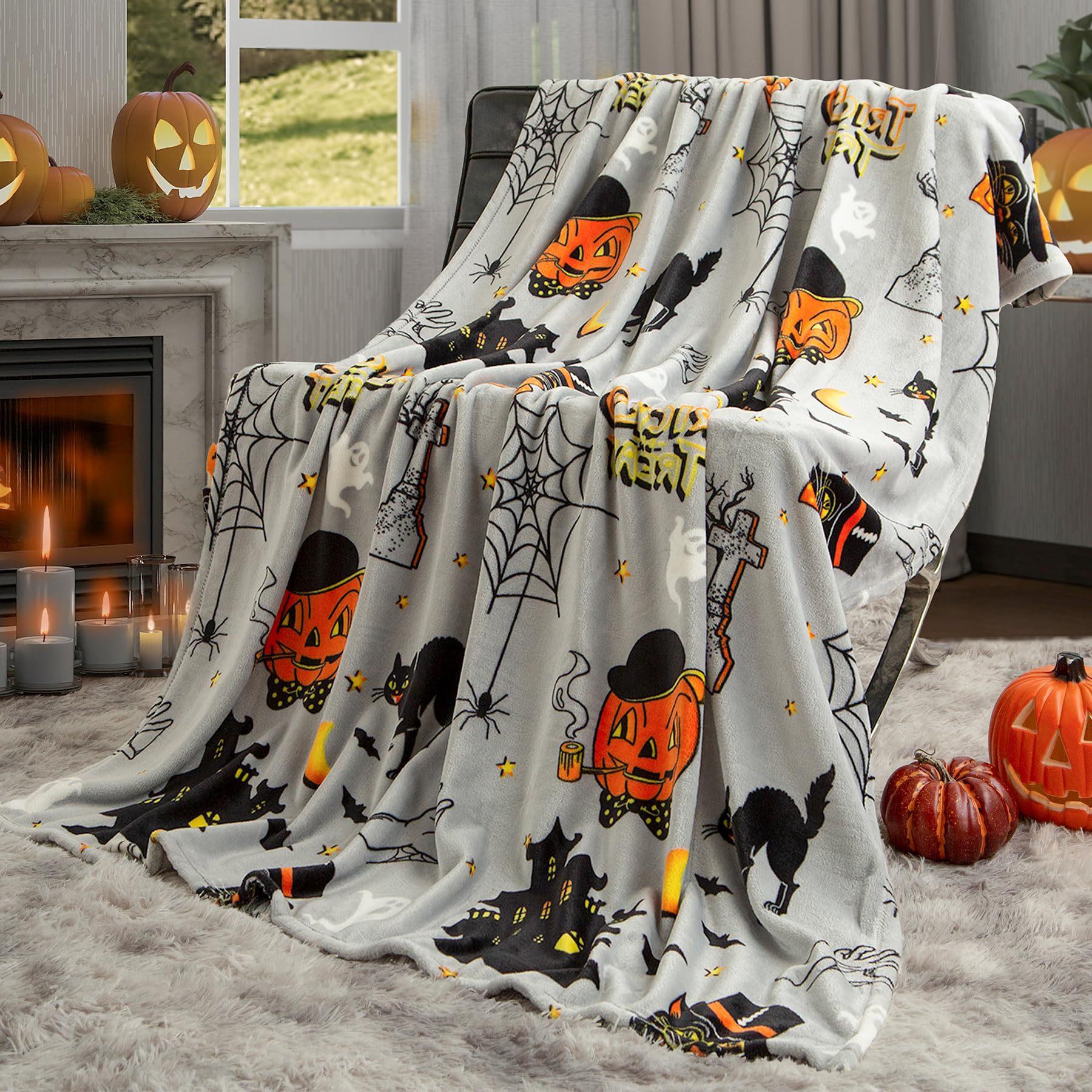 

1PC Halloween Throw Blanket Black Bat Pumpkin Ghost Skull Thin Blanket Gifts for Decor Couch Bed Car Home Camping All Season Blanket Nap Blanket 75*100cm