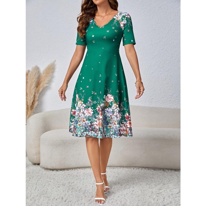 Women Floral Print V Neck Short Sleeve High Waist Fitted Bodycon Midi Dress