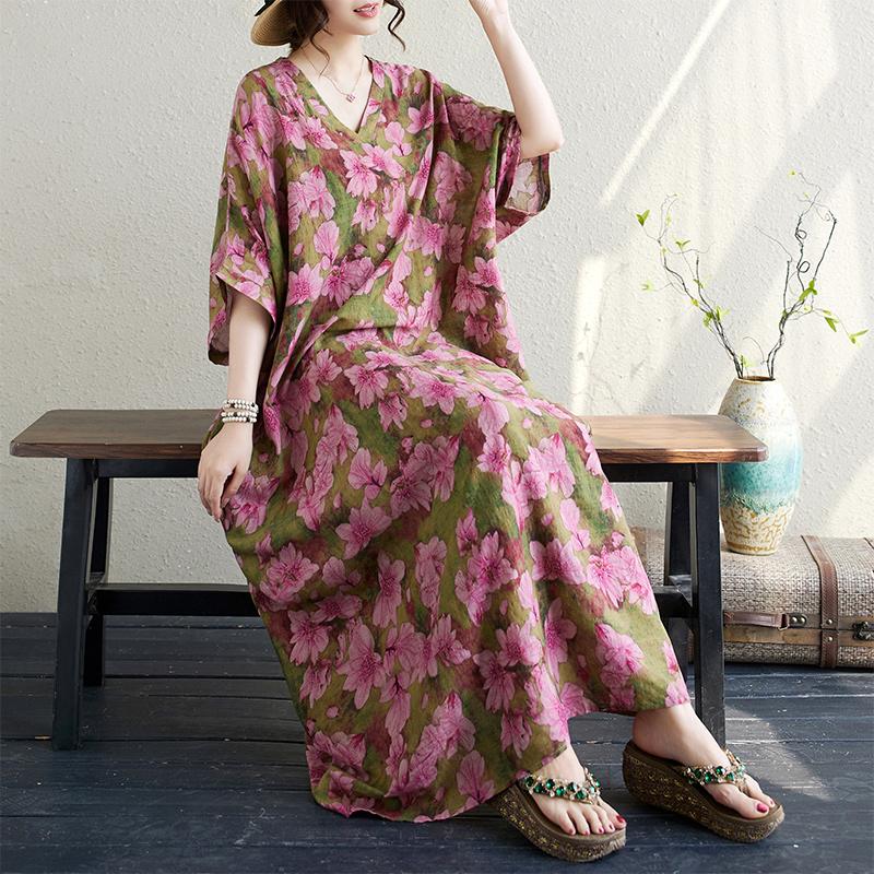 DIMANAF 2024 Plus Size Summer Women Beach Basic Loose Style Vintage Long Bohemian Dress Floral Print Dresses