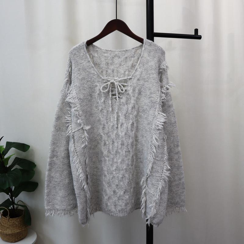 Autumn and Winter New Loose Fringed Design Knitted Sweater Top Soft Waxy Lazy Wind Sweater Pullover Woman