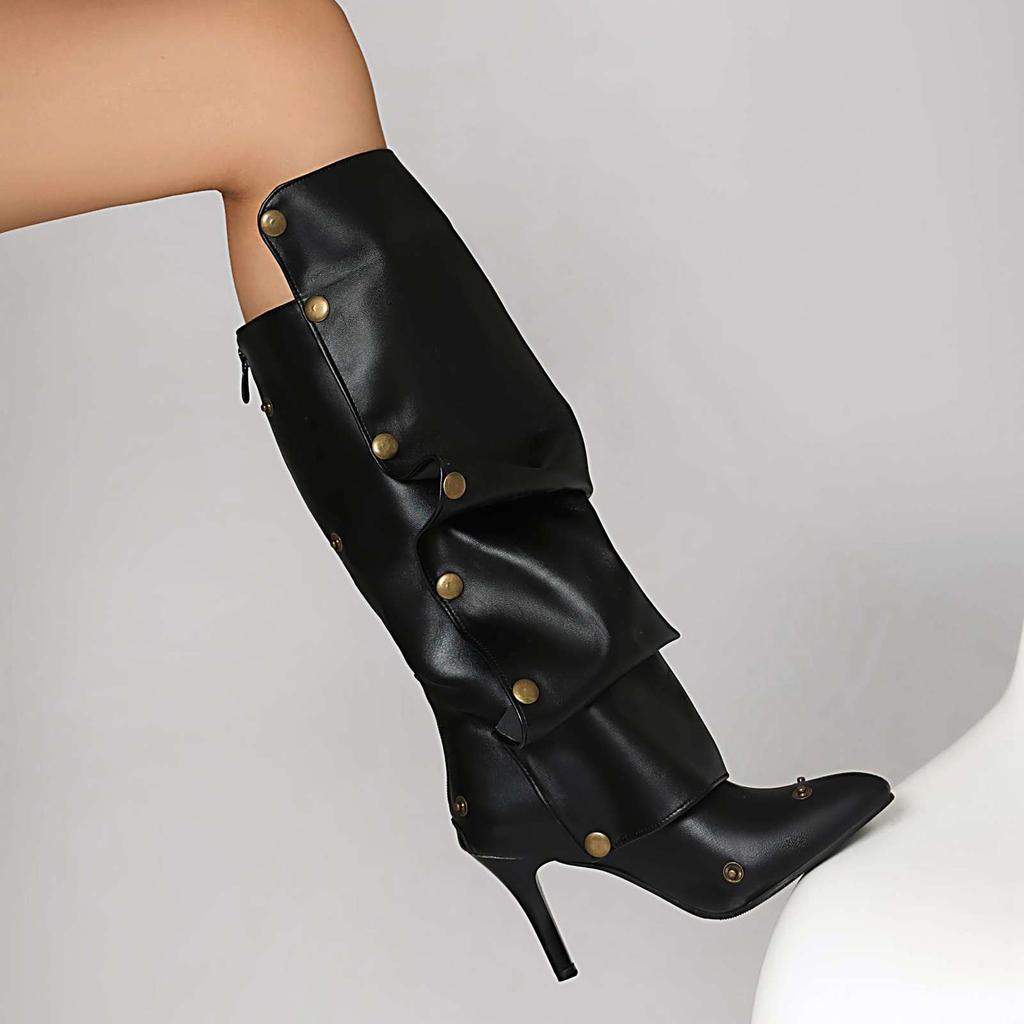 Lenkisen PU Autumn Winter Shoes Pointed Toe Stiletto Thin High Heels Metal Rivets Keep Warm Fashion Knee Boots