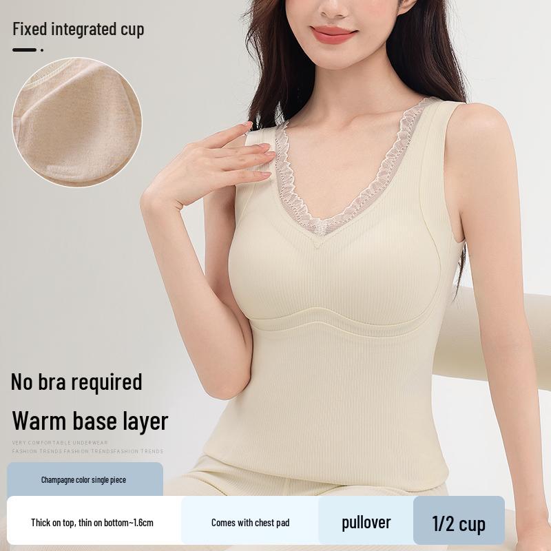 Sentimental Cat Women's Warm Vest with Chest Pads, Cashmere Silk, Enhances Bust, Autumn/Winter Slim Fit Innerwear