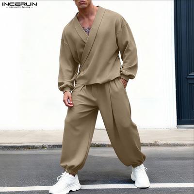 Two Pieces Outfits Men Long Sleeve V Neck Shirts and Long Harem Pants Sets