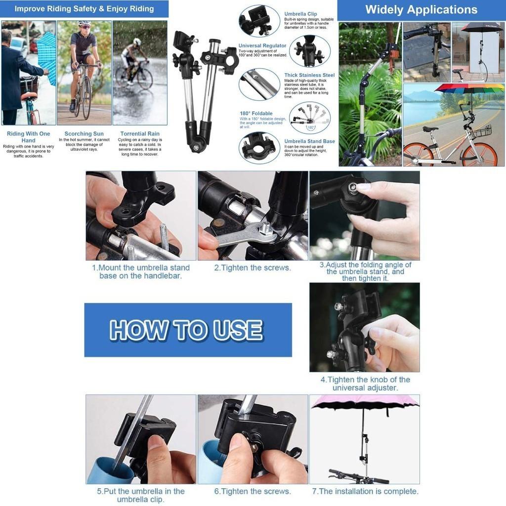 Supporto per Ombrello da Bicicletta Regolabile in Acciaio Inossidabile con Tappo Anti-caduta per Protezione da Pioggia e Sole