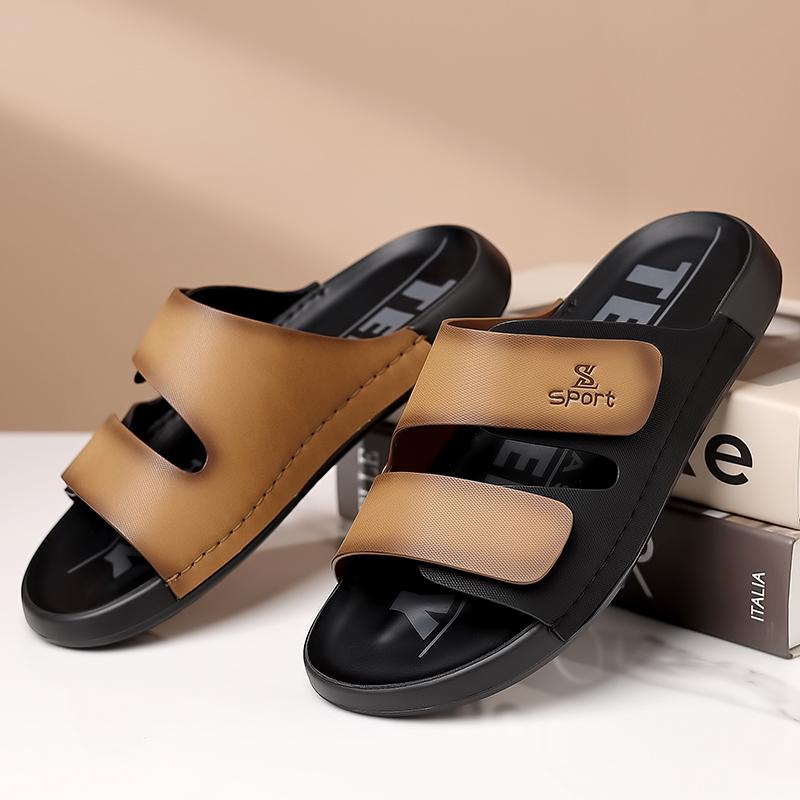 Summer Men Thick Bottom Slippers Leather High-quality Comfort Home Beach Vacation Slippers Casual Outdoor Breathable Beach Shoes