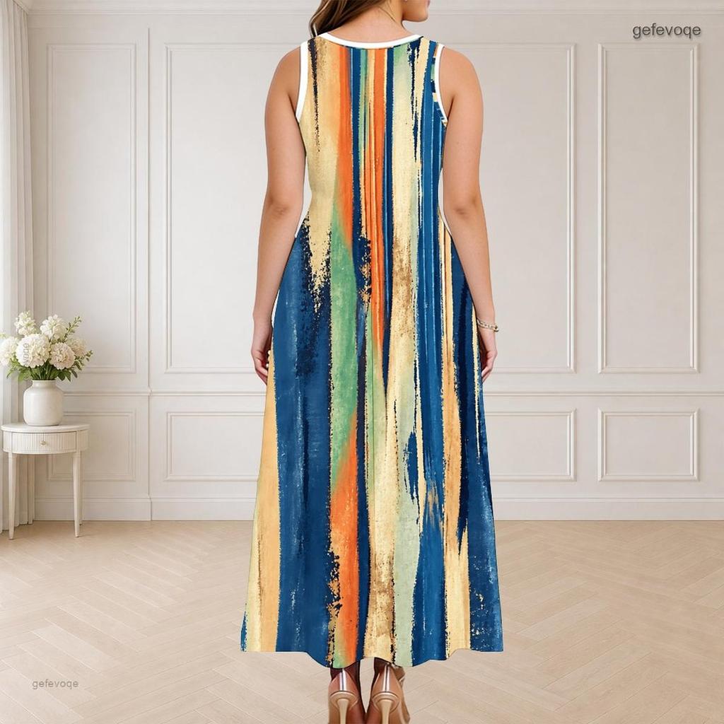 Women Plus Size Round Neck Triple Keyhole Cutout Sleeveless Printed Blue Pink Maxi Dress
