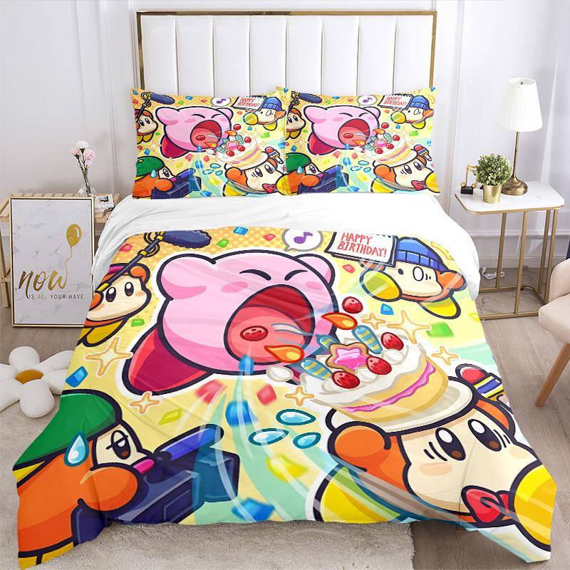 3-teiliges Bettwäsche-Set Kirby Party Enthält 1 Bettdecke + 2 Kissenbezüge, Ohne Kissenfüllungen, Weich Bequem, Leicht Atmungsaktiv, Bedruckt
