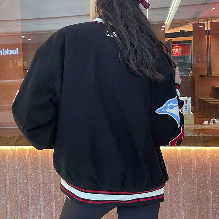 MLB Basic Series FW22 Sports Loose Logo Print Striped Color Block Single-Breasted Baseball Jacket Unisex jackets Black 3AJPN0124-00BKS