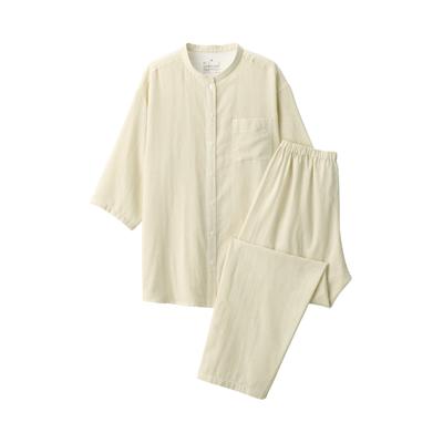 MUJI Women's Seamless Thin Gauze 3/4 Sleeve Pajamas, Light Yellow Stripe, Size XS, FD1L7A5S
