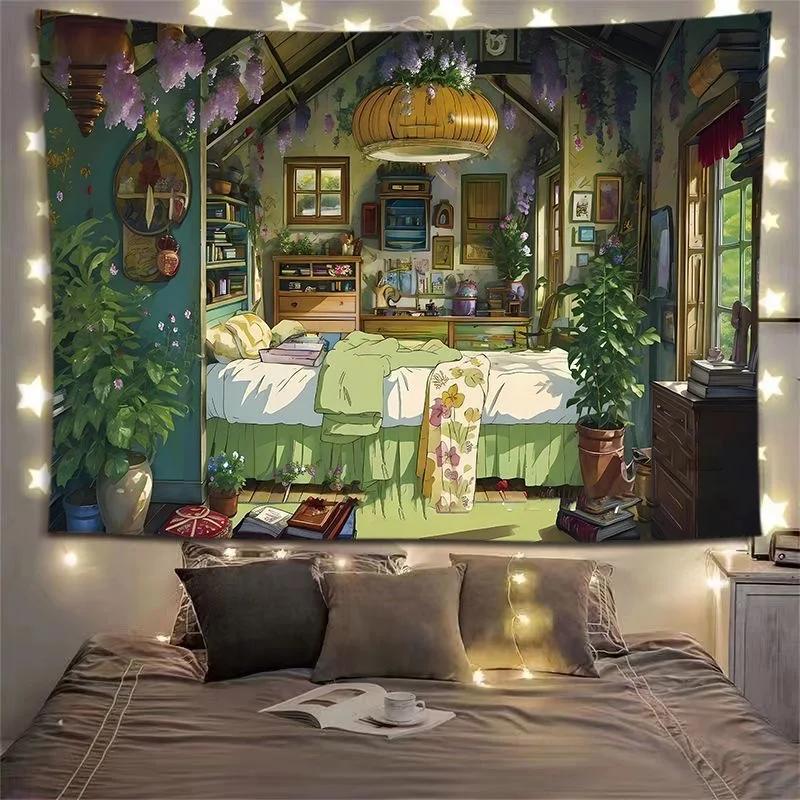 Charming Cottage Bedroom Tapestry Cozy Interior Lush Greenery Unique Wall Art for Home Decor Nature Lover Gift