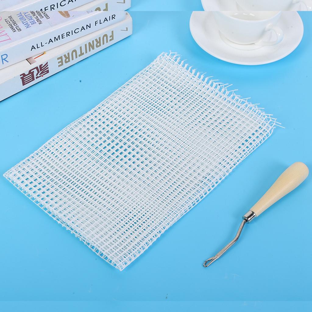Household DIY Hand Made Crocheting Carpet Rug Knitting Mesh Cloth Accessory Tools(Mesh Cloth 50x50cmWood Handle Crochet Hook )