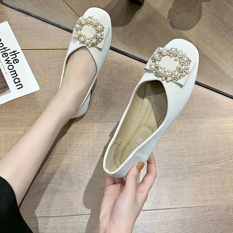 Fashion Pearl Woman Flats White Yellow Square Toe Shoes for Women High Quality Fashion Genuine Mark Casual Shoe Stylish on Offer 39 Sale