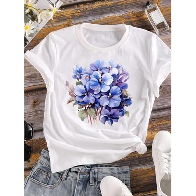 (European Size) 90s Women Flower Watercolor Trend Cute Short Sleeve Fashion Tee Top Clothing Print Lady Casual T-shirt Female Graphic T-shirts