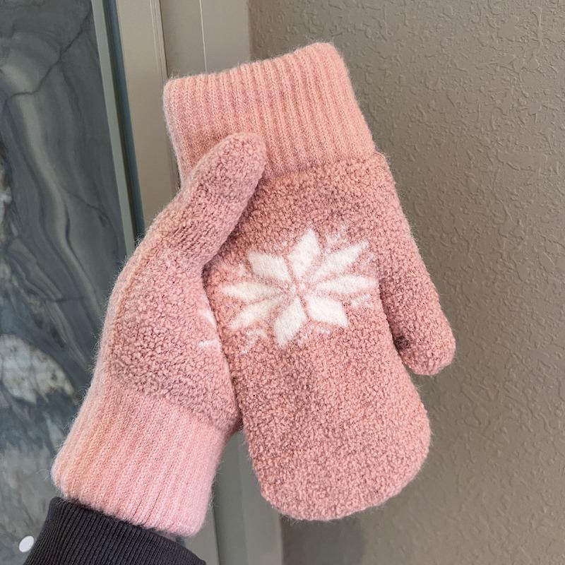 Fleece Thickened Snowflake Gloves Winter Female Warm Windproof Cold Students Outdoor Cycling Even Finger Tide