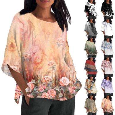 Damenmode Siebenviertelärmel Rundhals Bedrucktes lockeres Freizeithemd Tops