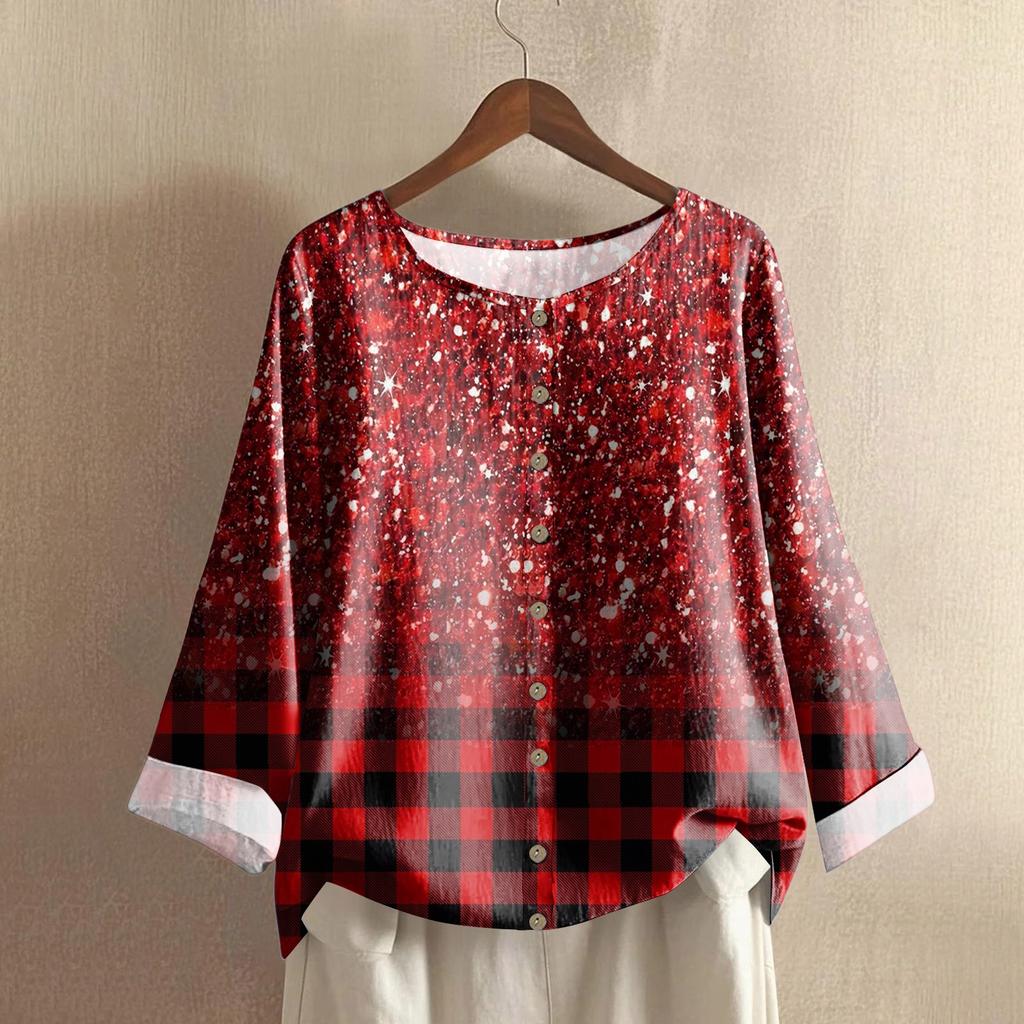 Women's Casual Long-sleeved Round-neck Retro Gradient Printed Cotton And Linen Top