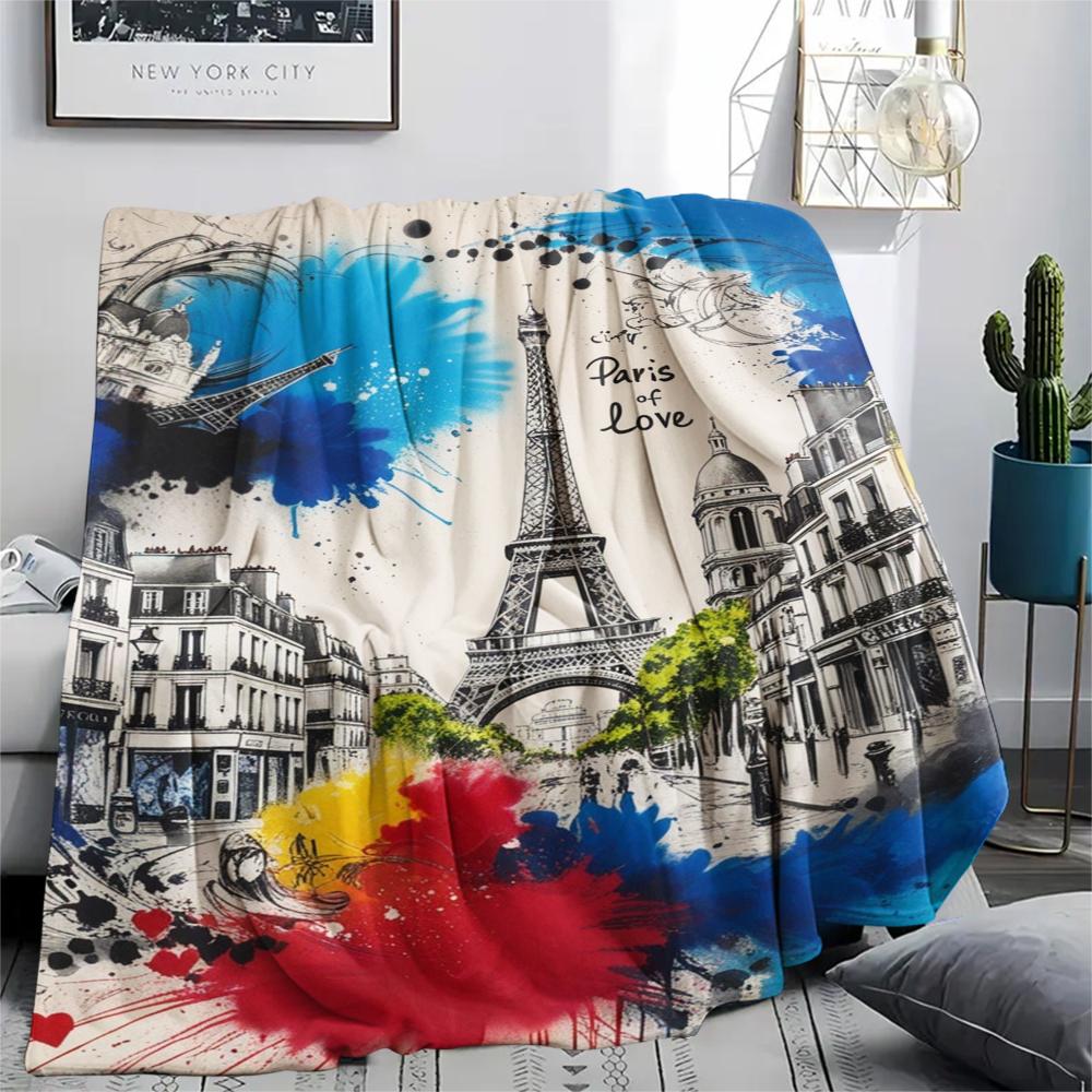 1Pc Eiffel Tower Art Print Flannel Blanket, High quality Comfortable for All Seasons, Home Decor, Warmth and Comfort, Perfect for Gifts