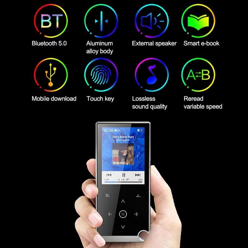 Bluetooth 5.0 Lossless MP3 Music Player HiFi Portable Audio Walkman com FM/eBook/gravador/MP4 Video Player Tela de 2,4 polegadas