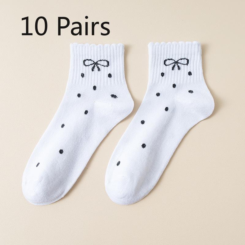 10 Pairs of Female Autumn and Winter Lovely Polka Dot Bow Lace Mid Tube Socks