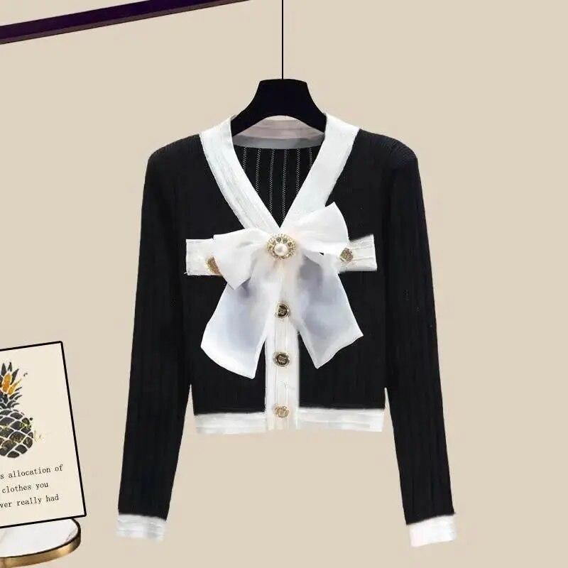 Autumn Korean Style Knitted Sweater Cardigan Button Decoration Wide Leg Pants Two Piece Elegant Women's Pants Set