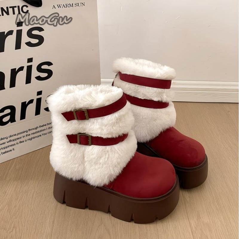 2026 Women s Winter Snow Boots Platform Chunky Sole Short Plush Lined Warm Boots Comfort Slip on Height Increasing Casual Shoes 35 красный