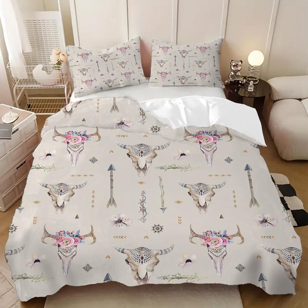 Comforter Bull Head Bone Flower Pattern 3D Printed Exotic Style Bedding Set Soft Comfortable Polyester