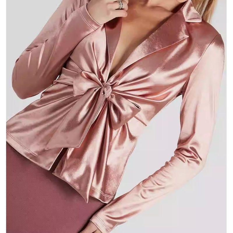

Foreign Trade Summer New Lace-up Temperament Elegant Fashion Smooth Fabric Long sleeve Commuter Sexy V-neck Top Shirts Pink XL