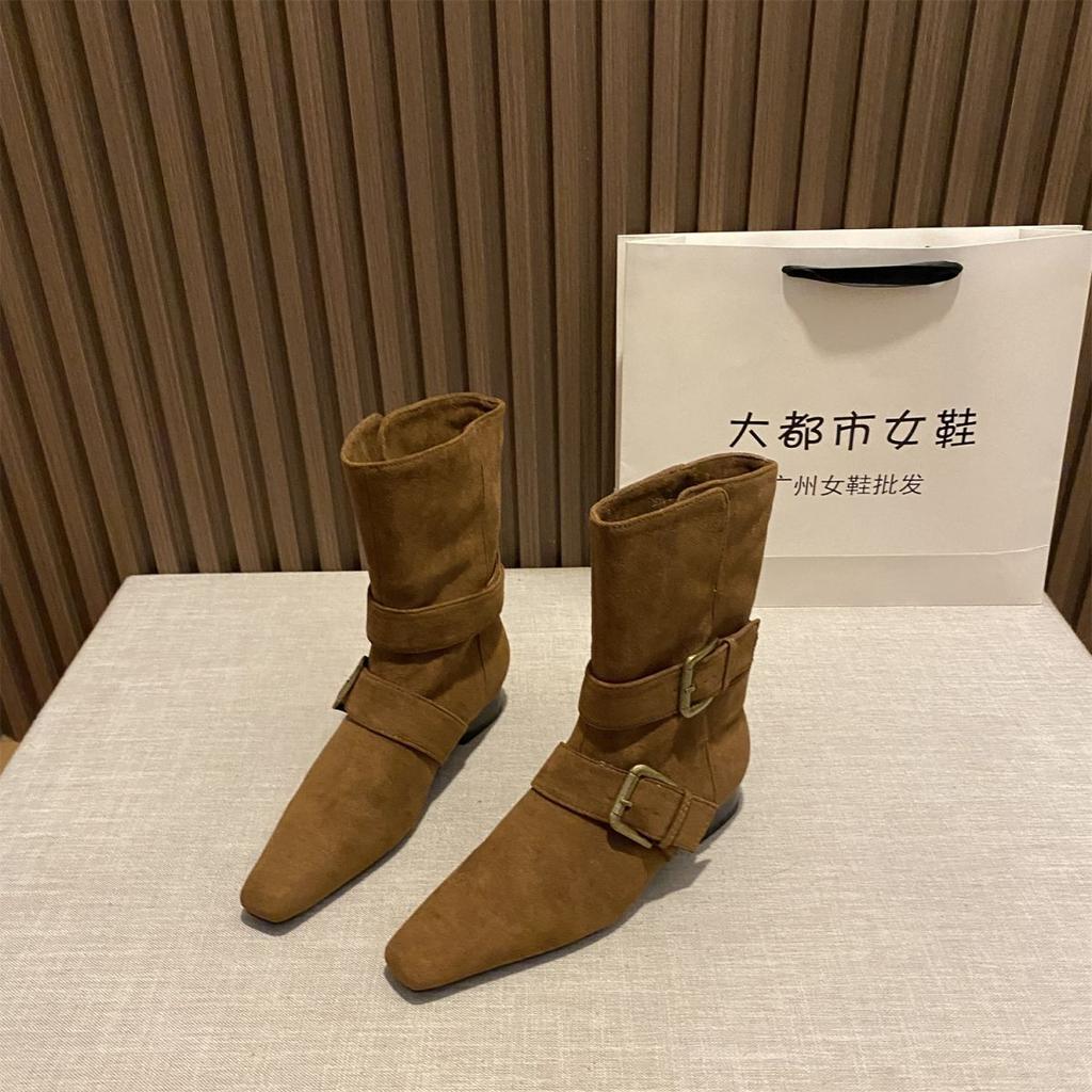 British Style Short Boots Women's Autumn and Winter 2025 New Fashionable Foreign Style Belt Buckle Retro Versatile Small Square Head Bare Boots