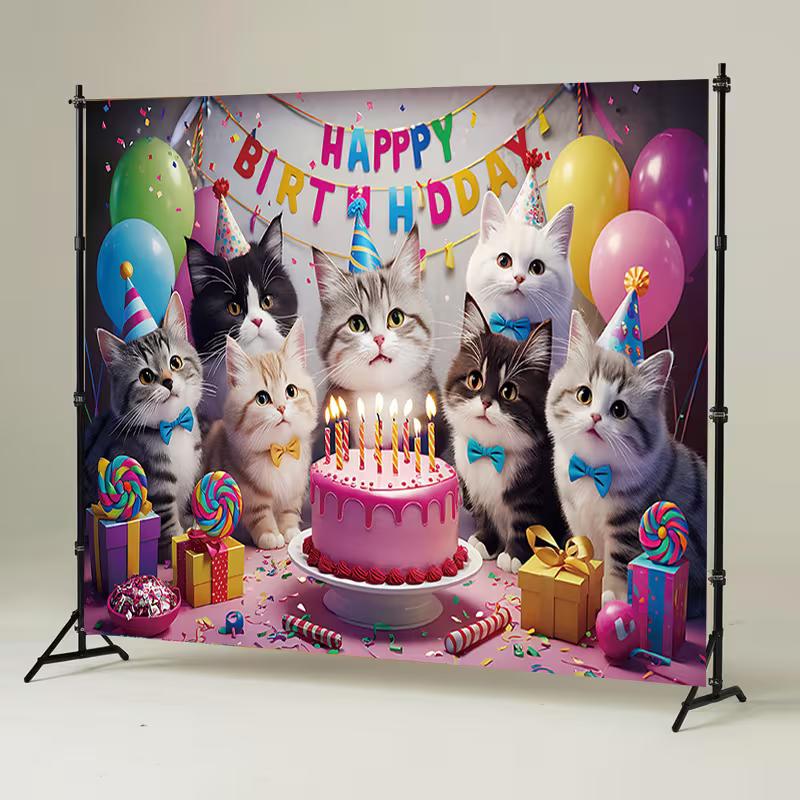 2D "Happy Birthday" Cats Themed Backdrop with Party Hats & Balloons
