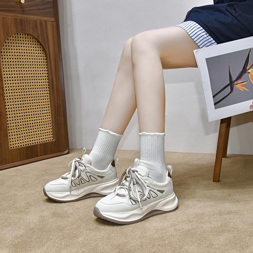Travel shoes women's lace-up white shoes thick-soled color matching sports style casual shoes